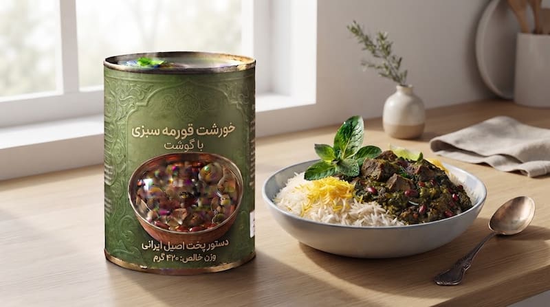کنسرو خورشت قورمه سبزی باگوشت مناسب مصرف خانوادگی و تجاری